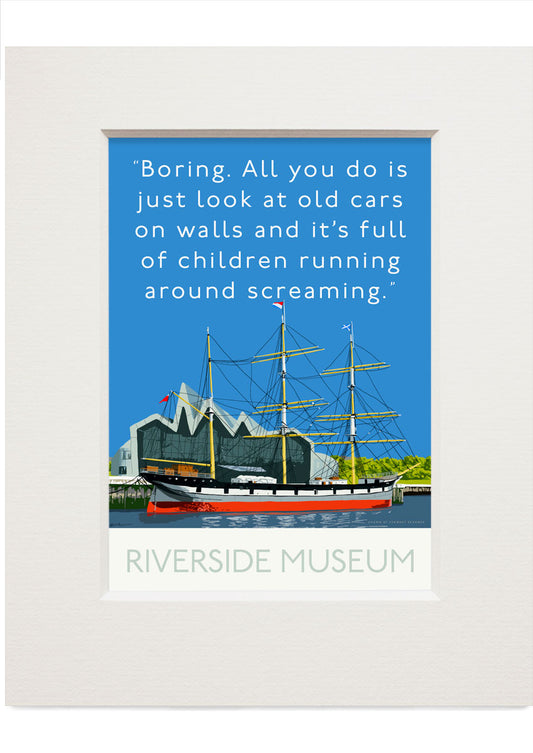 The Riverside Museum is full of boring old cars – small mounted print