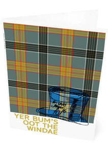 Yer bum's oot the windae (on tartan) – card - Indy Prints by Stewart Bremner