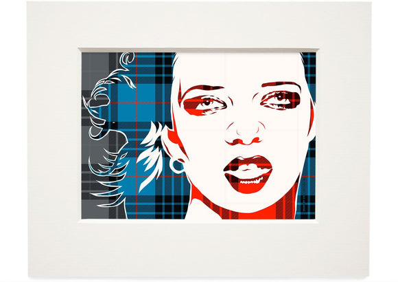Shirley Manson on MacKay blue ancient tartan – small mounted print - Indy Prints by Stewart Bremner