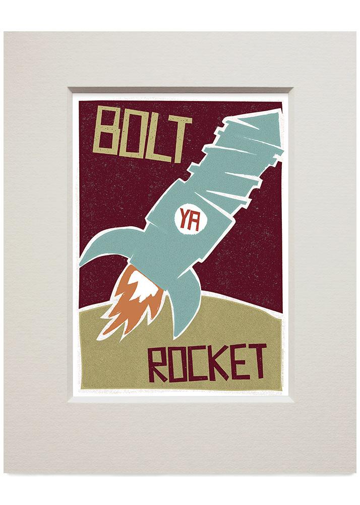 Bolt ya rocket – small mounted print - green - Indy Prints by Stewart Bremner