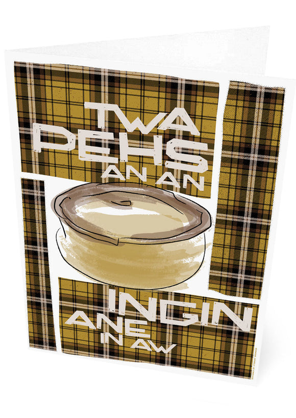 Twa pehs an an ingin ane an aw (on tartan) – card - Indy Prints by Stewart Bremner