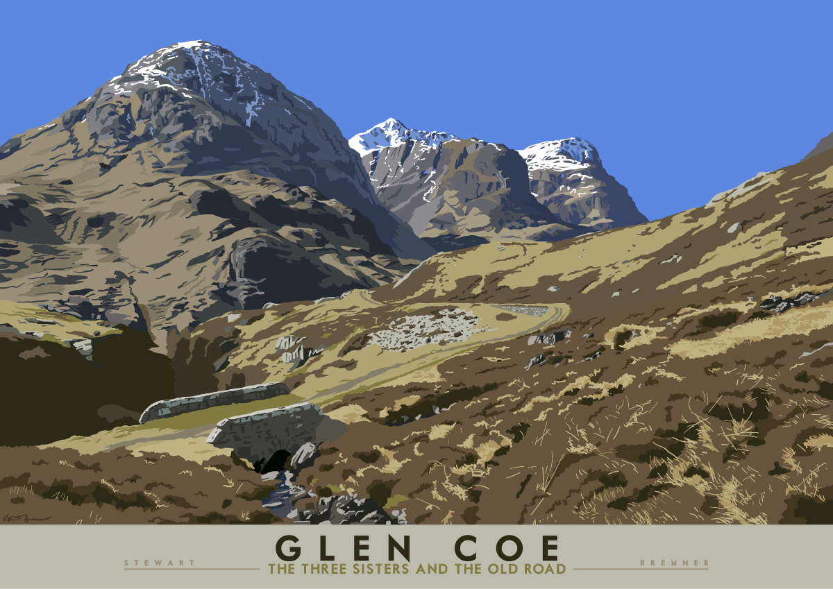 Glen Coe: the Three Sisters and the Old Road – giclée print - blue - Indy Prints by Stewart Bremner