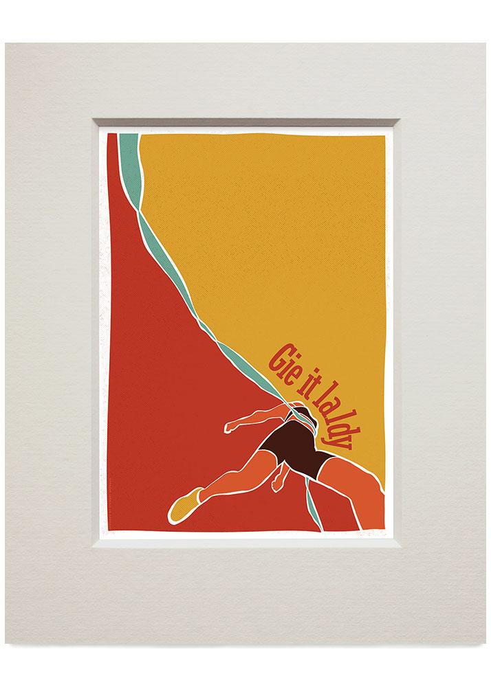 Gie it laldy – runner – small mounted print - red - Indy Prints by Stewart Bremner