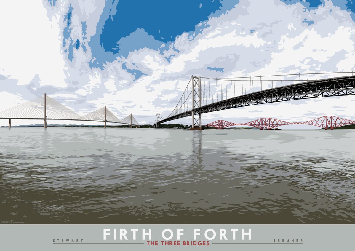 Firth of Forth: The Three Bridges – poster - natural - Indy Prints by Stewart Bremner