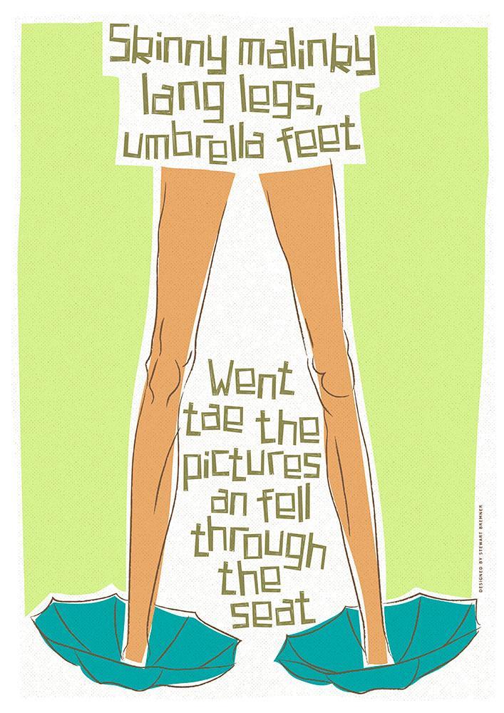 Skinny malinky long legs, umbrella feet – giclée print - green - Indy Prints by Stewart Bremner