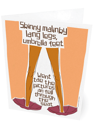 Skinny malinky long legs, umbrella feet – card - Indy Prints by Stewart Bremner