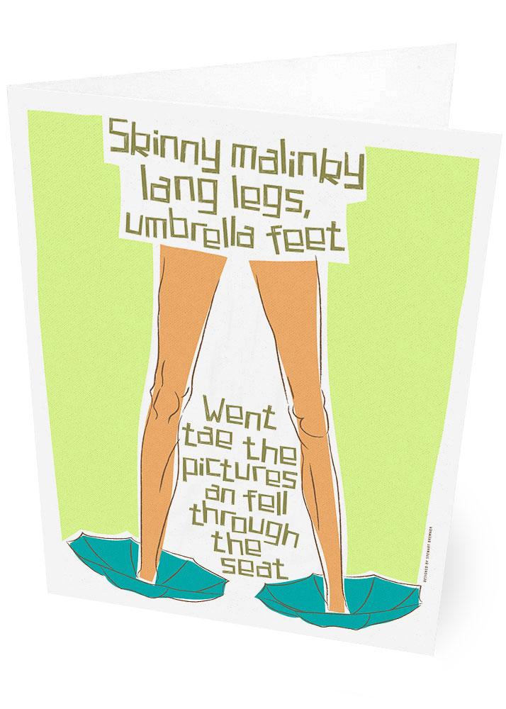 Skinny malinky long legs, umbrella feet – card - green - Indy Prints by Stewart Bremner
