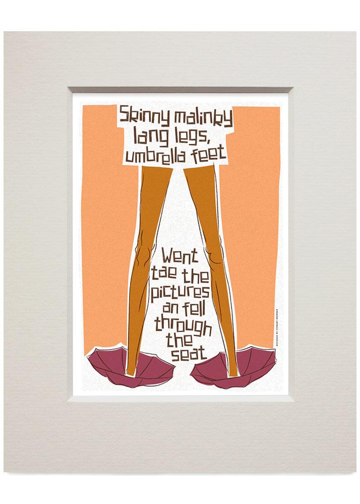 Skinny malinky long legs, umbrella feet – small mounted print - tan - Indy Prints by Stewart Bremner