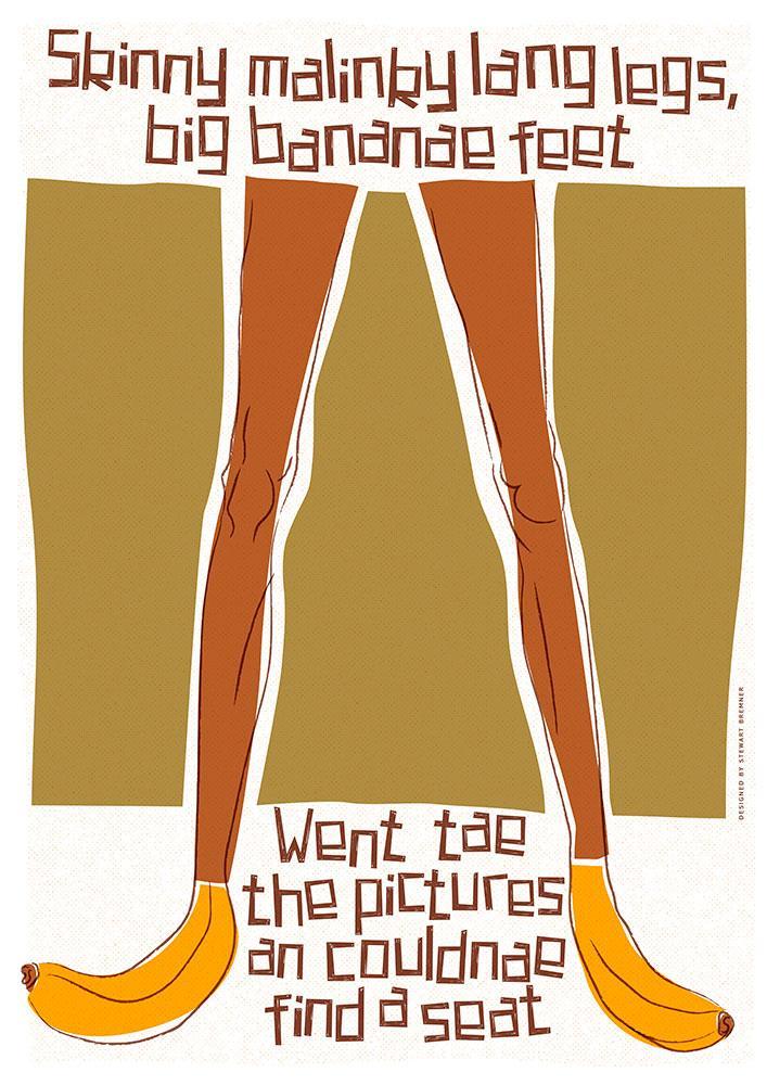 Skinny malinky long legs, big bananae feet – giclée print - brown - Indy Prints by Stewart Bremner