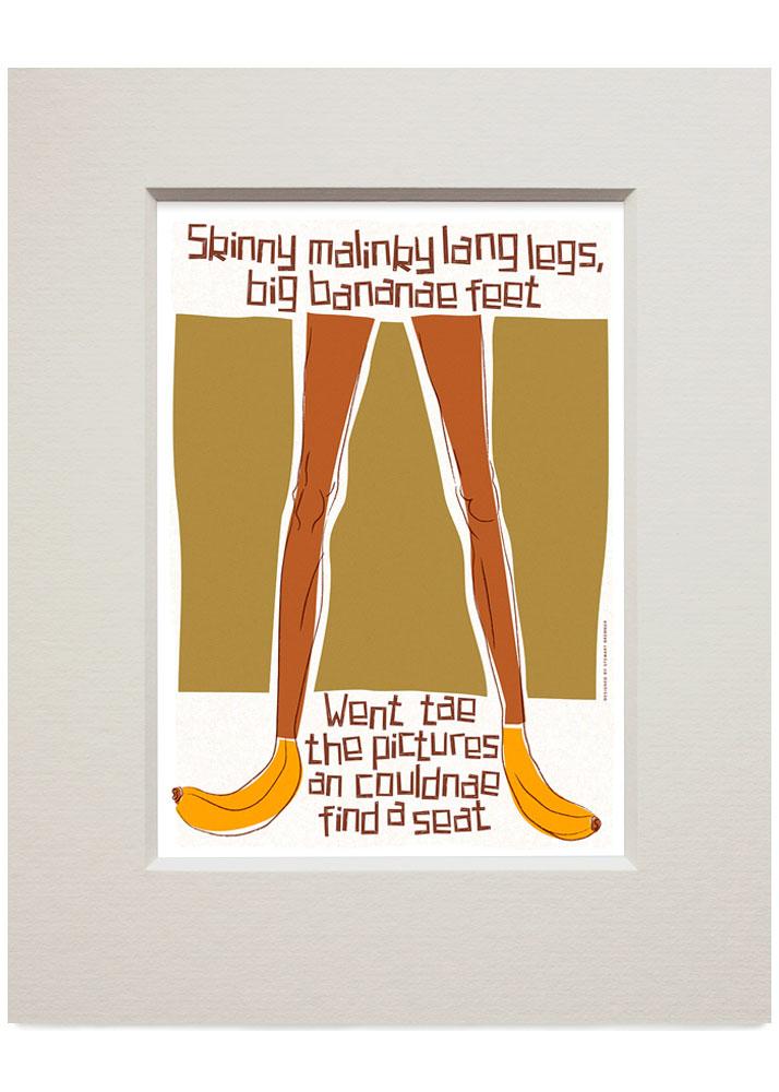 Skinny malinky long legs, big bananae feet – small mounted print - brown - Indy Prints by Stewart Bremner