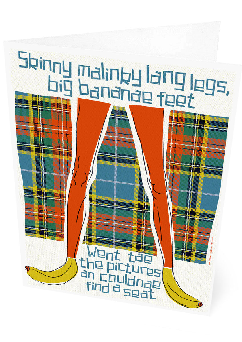 Skinny malinky long legs, big bananae feet (on tartan) – card - Indy Prints by Stewart Bremner