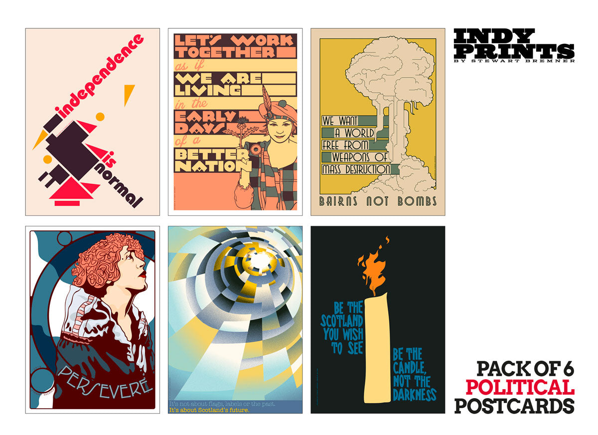 Pack of 6 political postcards – set B - Indy Prints by Stewart Bremner